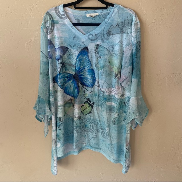 indigo soul Tops - Indigo Soul Blue Embellished Butterfly T-shirt Top Size 2XL